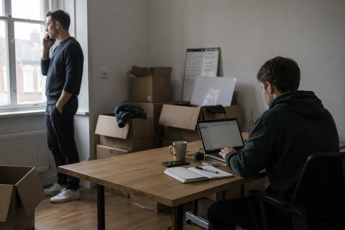 Two founders in a small rented room, one taking a call by the window while the other works at a laptop, moving boxes still unpacked behind them.