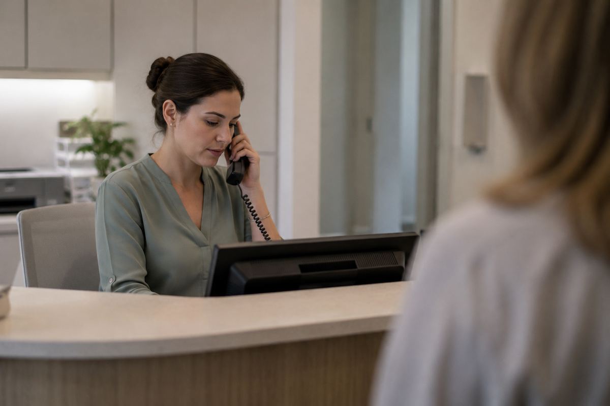 A clinic receptionist answering the desk phone while a patient waits at the counter.
