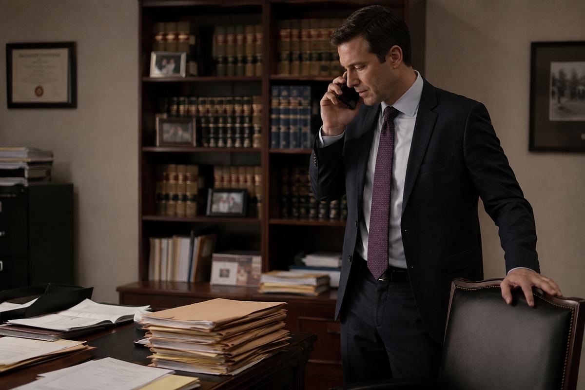 A lawyer taking a call beside a desk stacked with case files, law reports on the shelves behind.