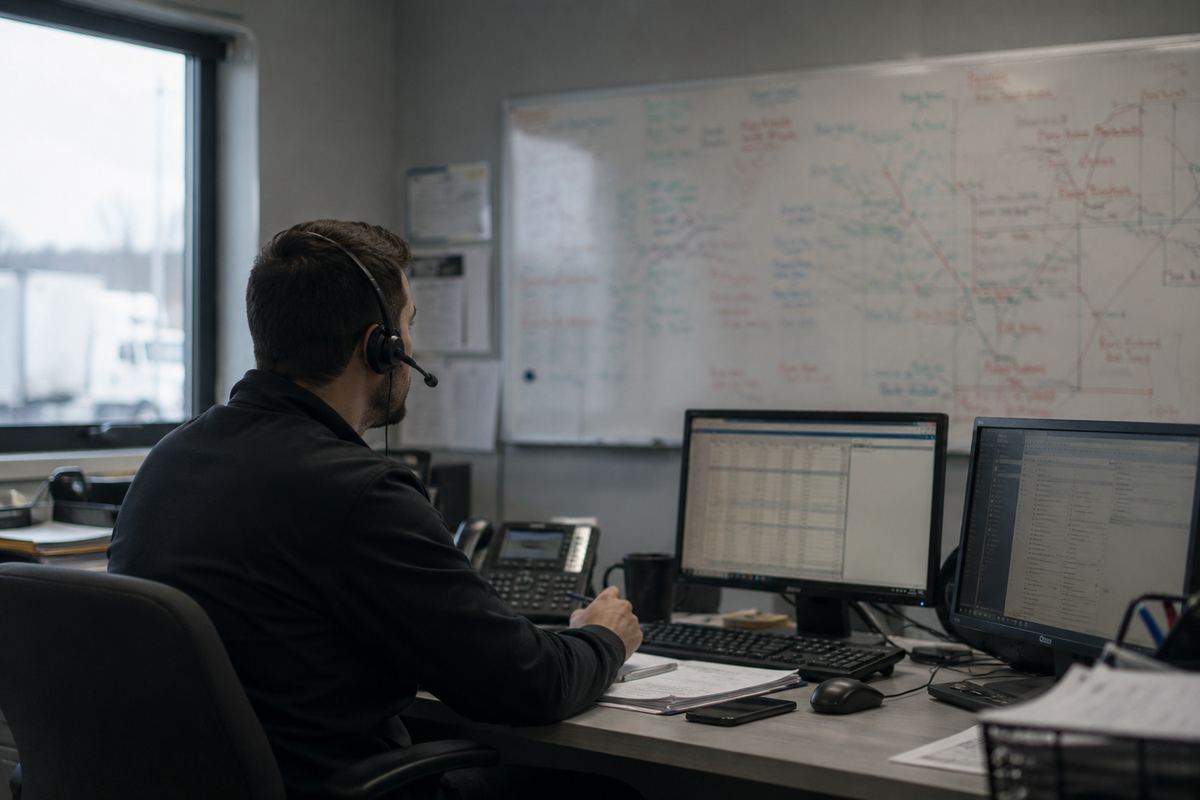 A dispatcher in a small freight office, headset on, working through a whiteboard of routes.