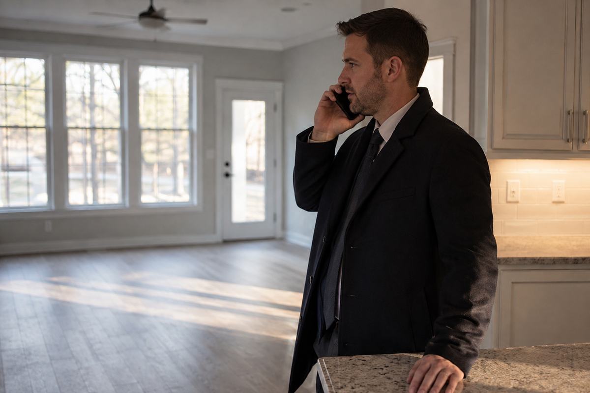 A real estate agent taking a call in the empty living room of a house being shown, one hand resting on the counter.